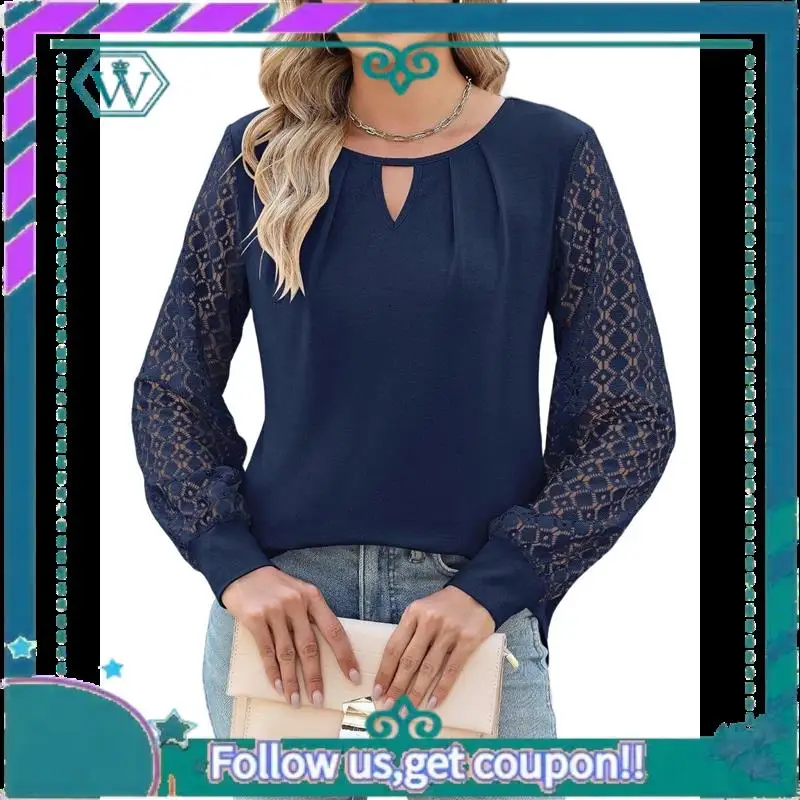 

A09P Womens Long Sleeve Shirts Lace Tops Business Casual Fall Fashion Outfits Clothes Knitted Y2k Blouses