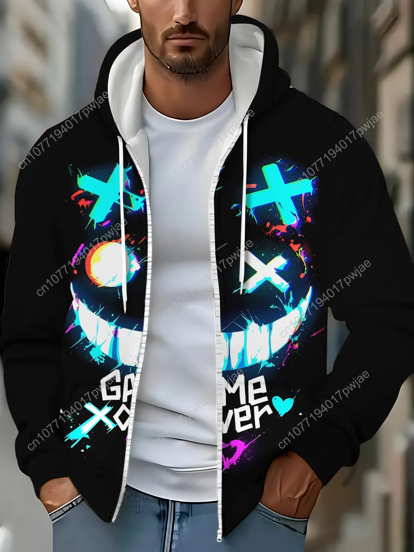 [Hoodie gráfico preto macio] Moletom masculino com zíper preto macio e durável com gráfico Vibrante Game Xover |   Ajuste confortável, Desi elegante