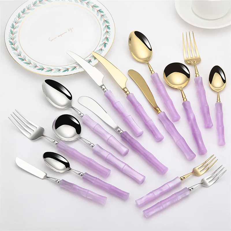 Set Peralatan Makan Baja Tahan Karat Ungu Emas Peralatan Makan Cantik Akrilik Sendok Hadiah Liburan Mewah Garpu Pisau Aksesori Dapur