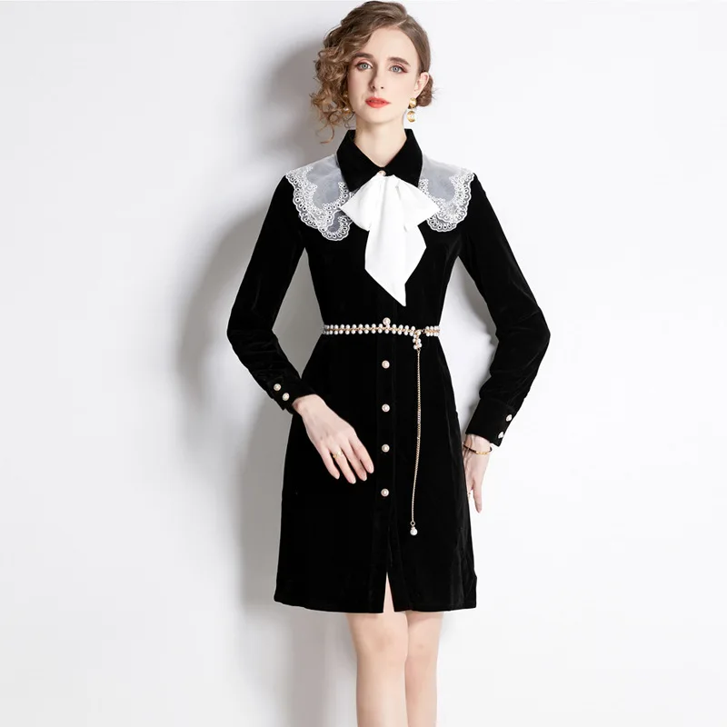 

#2301 Autumn Winter Black Velvet Dress Women Bow Turn-down Collar Office Blazer Dress Ladies Slim Belt Elegant Vintage A-line