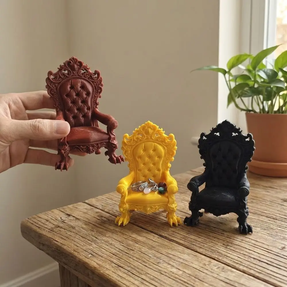 3D Printed Mini Gothic Throne Display Chair Dark Style Vintage Figure Throne Seat Imitation Cushion Back Embossed Carved