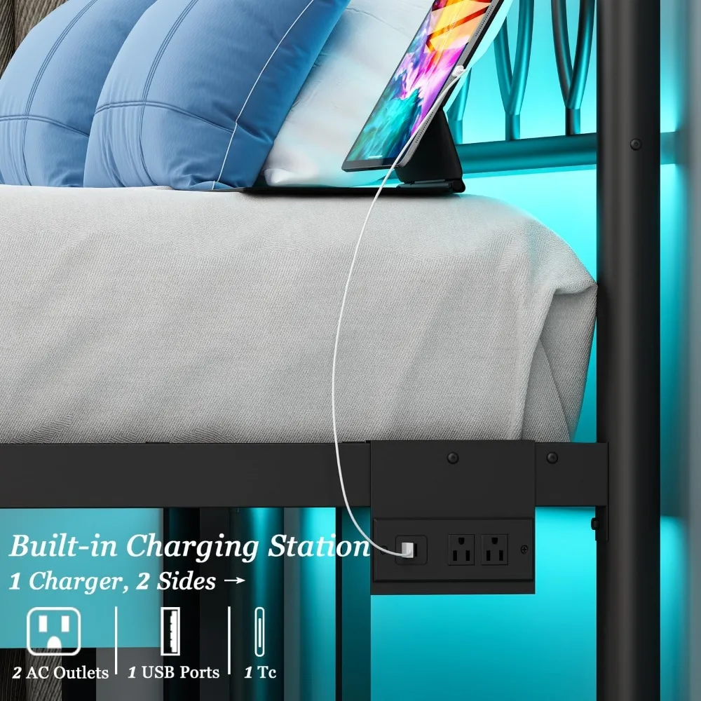 Twin Size Metal Bed Frame with Headboard, Charging Station, LED Lights, 12-Inch Under Bed Storage, Black Platform Bed Frame