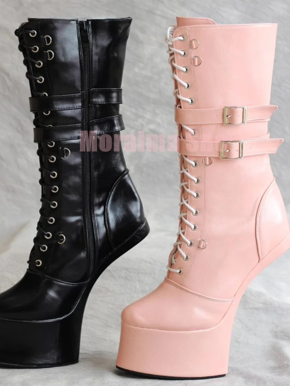 

Hoof Heel Platform Ankle Boots Belt Buckle Cross Strap Side Zipper Sexy Fashion Women Short Boots Cosplay Nigthclub Round Toe