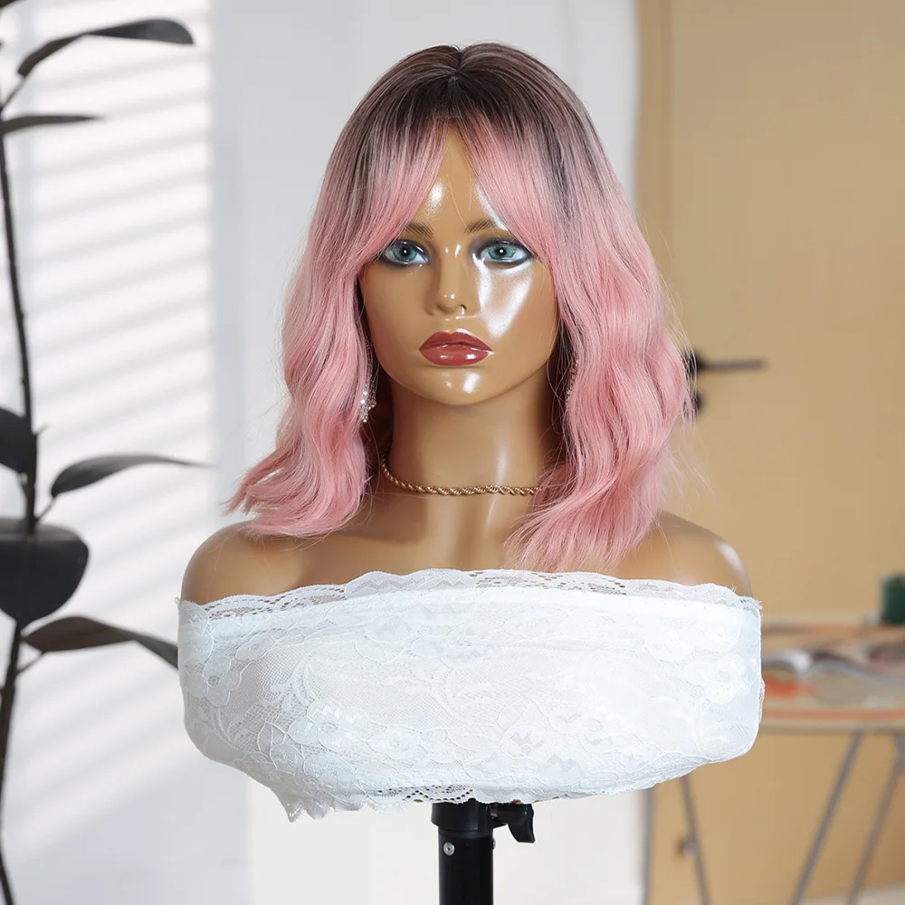 12 inch pink gradual change short curly hair chemical fiber wig rose breathable mesh high temperature silk medium split slanted