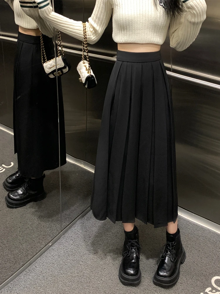 

Женская плиссированная юбка А-силуэта больших размеров, черная, с высокой талией, миди, корейский стиль, однотонная, для офиса, стройнящая, с эффектом похудения