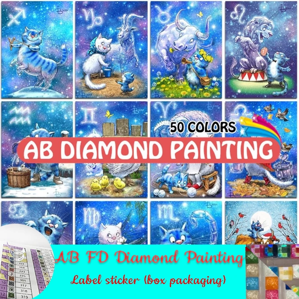 Blue Cat AB FD Diamond Painting Kit Animals Full  Drill DIY Embroidery Cross Stitch Mosaic Home Decor Twelve Constellations Art