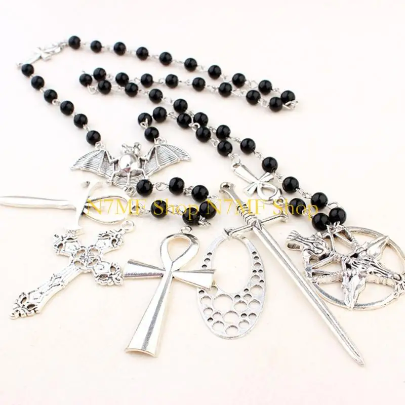 N7MF ANKH BLACK ROSARY BADS BAT NETLACE GOTHIC LONG SWEEAT JOLLEYRY #4