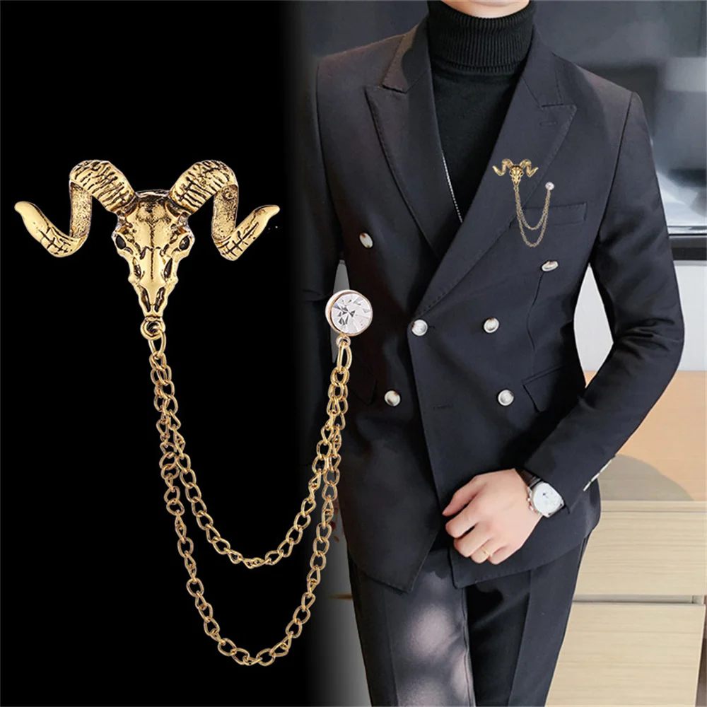 Vintage Sheep Head Shape Brooch For Men Simple Zinc Alloy Geometric Long Tassel Business Suit Pin Badges Jewelry Accessories