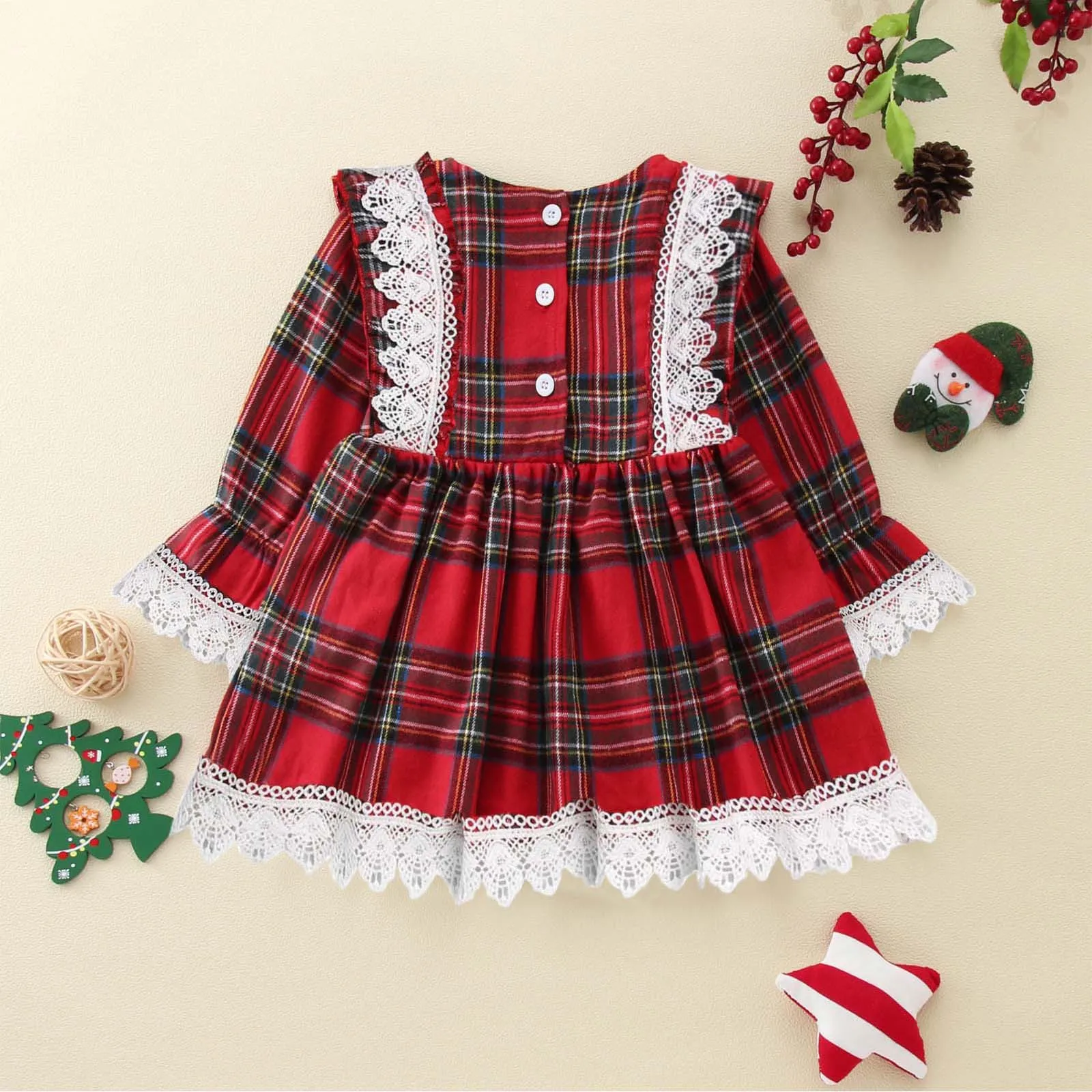 2024 Christmas Toddler Kids Baby Girl Princess Dress Red Plaid Ruffles Lace Tutu Dress Children Girl Puff Sleeve Xmas Dress 1-6