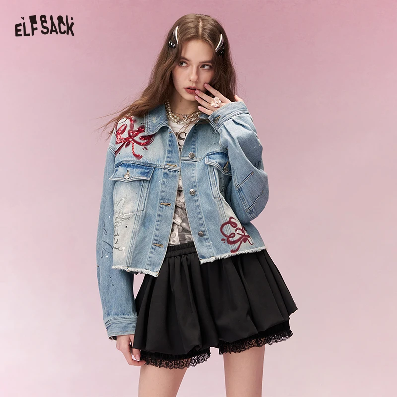 ELFSACK Vintage Distressed Ripped Sequin Embroidered Denim Jacket For Women