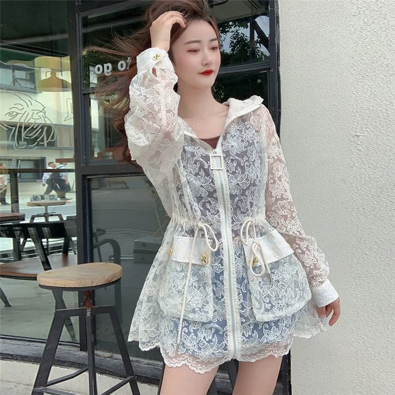 Spring Summer Mid-Long Women\'s Sunscreen Coat 2024 New Fashion Hooded Sun Protective Clothing Embroidery Outerwear Female