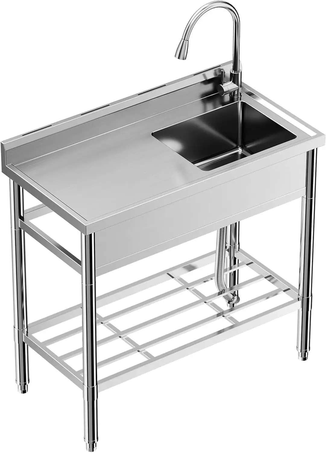 Stainless Steel Utility Sink, Free Standing Single Bowl Sink with Cold and Hot Water Pipe, Commercial Kitchen Utility Sinks for