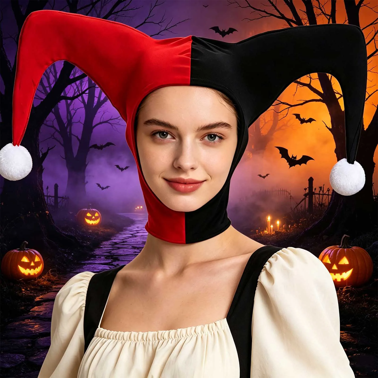 Adults Women Men Color-blocked Jester Hat Clown Cap Cosplay Costume Accessory for Fairy-themed Party Halloween Stage Performance