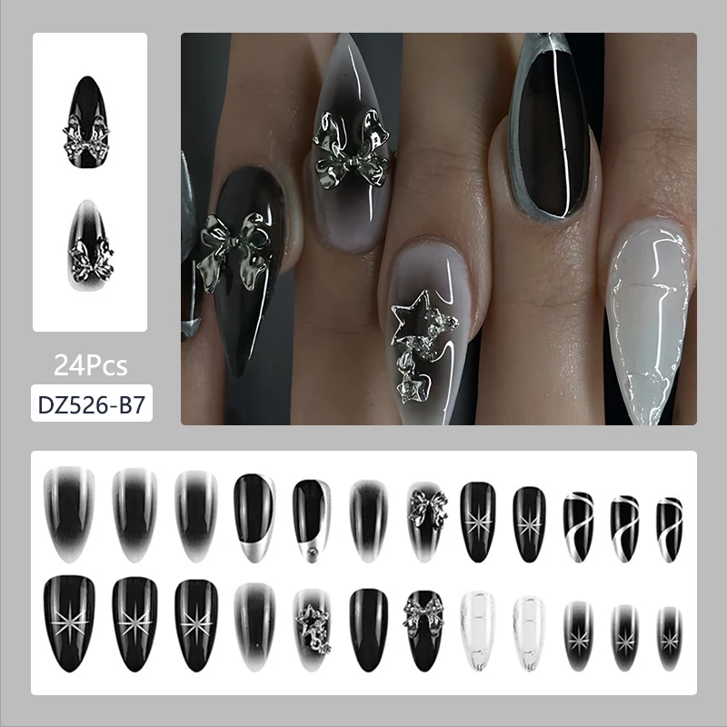 24 pezzi/1 scatola francese nero che indossa toppe per unghie dolci e fresche glitter stelle d'amore design unghie estive unghie carine