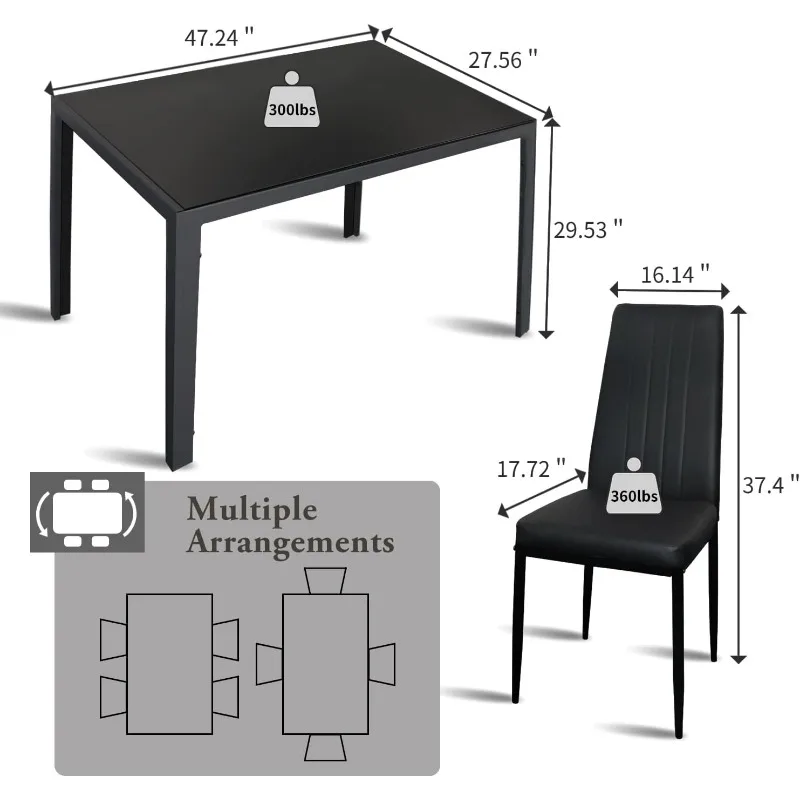 Super Stable Dining Table Set for 4, 5-Piece Kitchen Desk and Chairs for 4, Modern Glass Dining Room Table & PU Leather