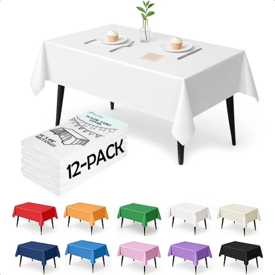 

12Pack White Plastic Tablecloths 54 x 108 Inch Table Covers for Rec Tables Heavy Duty Waterproof for Parties Events Banquets P