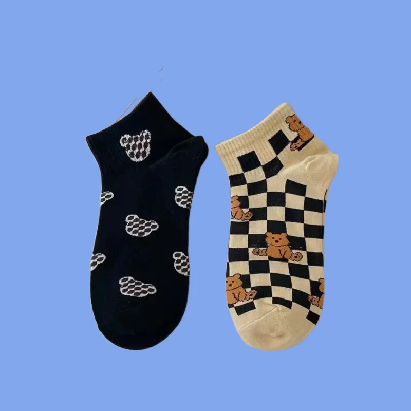 3/6 Pairs New Spring Plaid Letter Series Breathable Casual Socks Checkerboard All-match Cute Little Bear Short Tube Cotton Socks