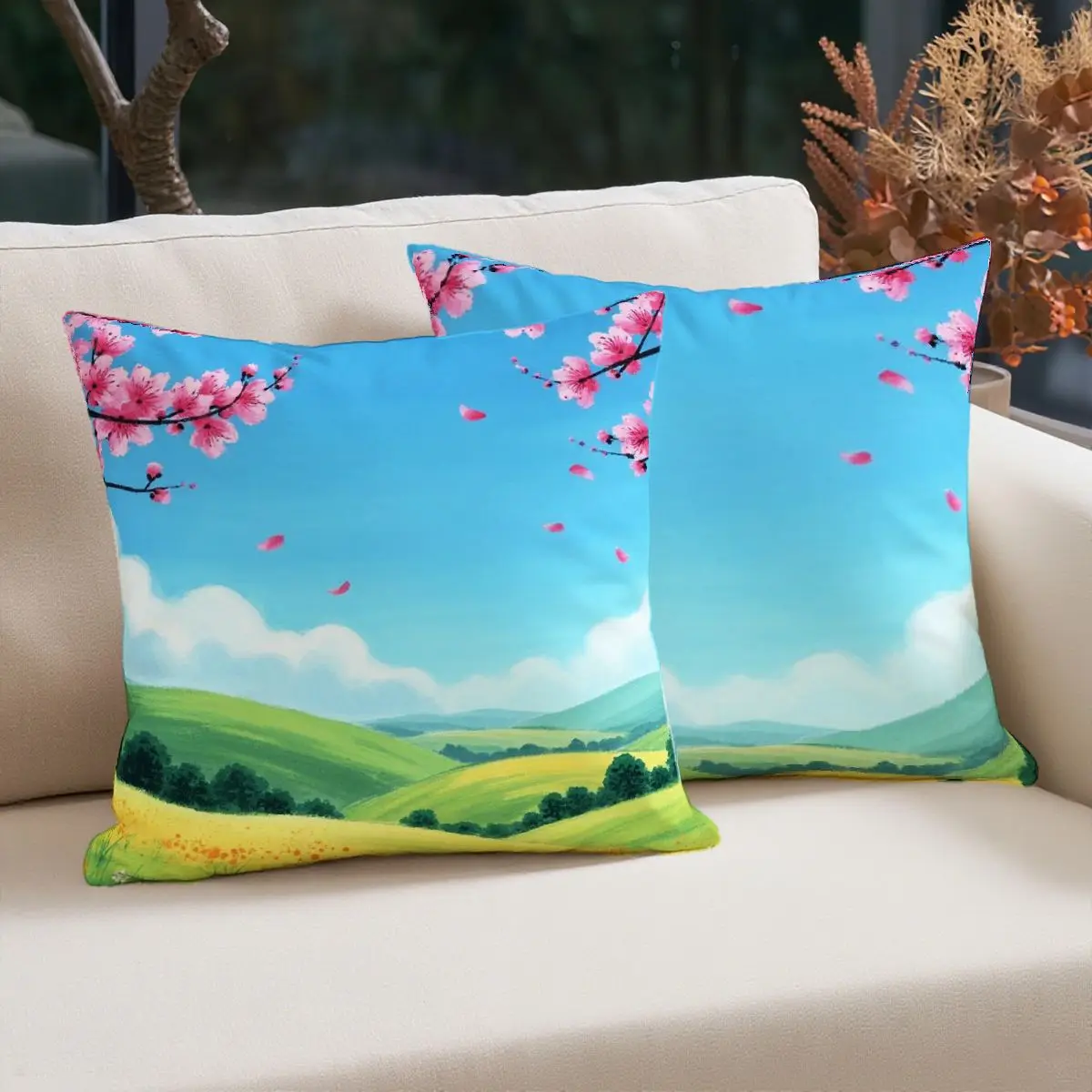 

4-Piece Pillow Cover Set (No Inserts) Spring Pastoral Floral Pattern 45x45cm Soft Durable Home Sofa Decor Relaxing Atmosphere