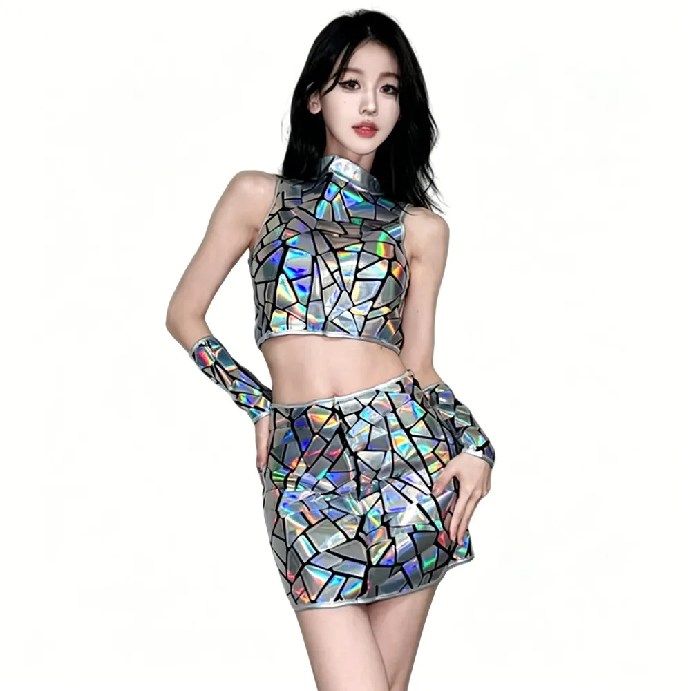 

Silver Sequins Mirror Tops Mini Skirts for Female Jazz Dance Team Stage Performance Clothes Nightclub Singer Group Dance Costume