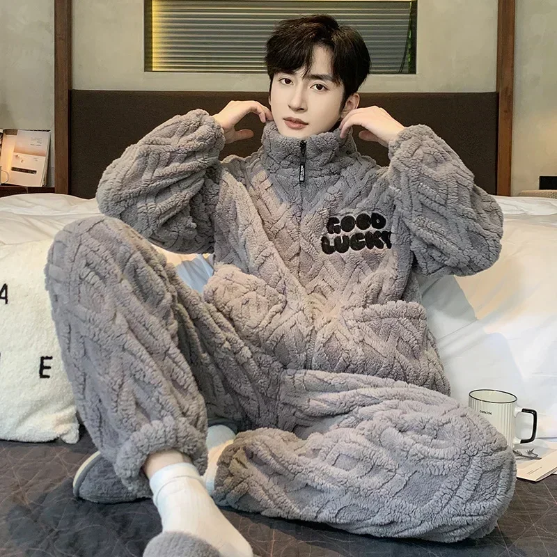 

Jacquard Winter Warm Pajama Sets Men Stand Collar Coral Fleece Coat + Long Pants Sleepwear Men's Clothing 2 Pieces Loungwear