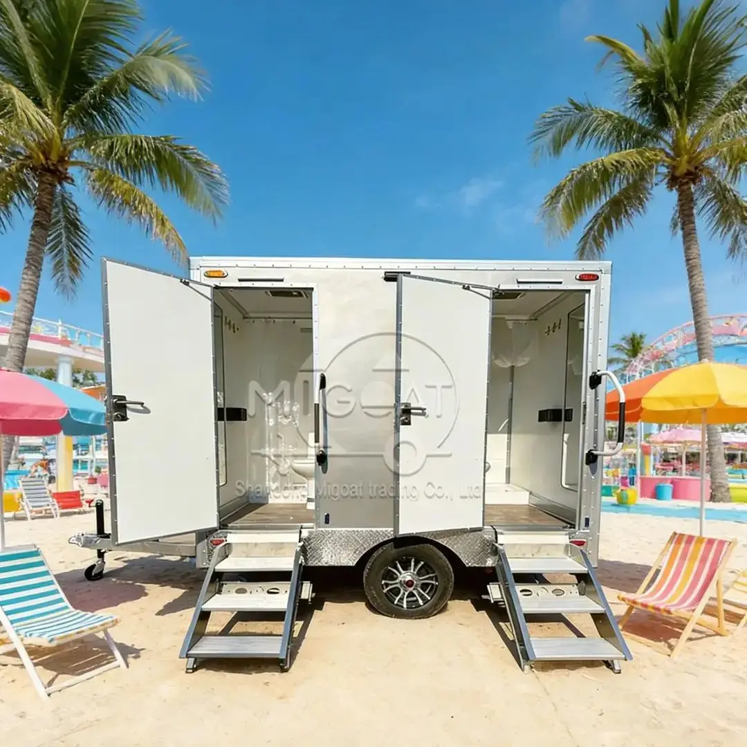 

Commercial Portable Bathroom Trailer 2 Private Stalls Shower Sink Towable Mobile Restroom for Wedding Music Festival