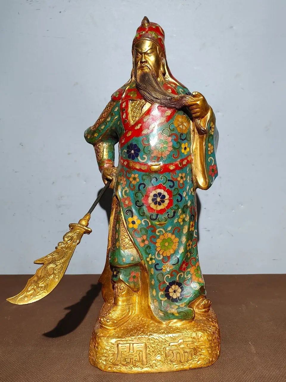 

16"Tibetan Temple Collection Old Bronze Cloisonne Guan Yu God of Wealth Knife Guan Yunchang Standing Buddha Worship Hall