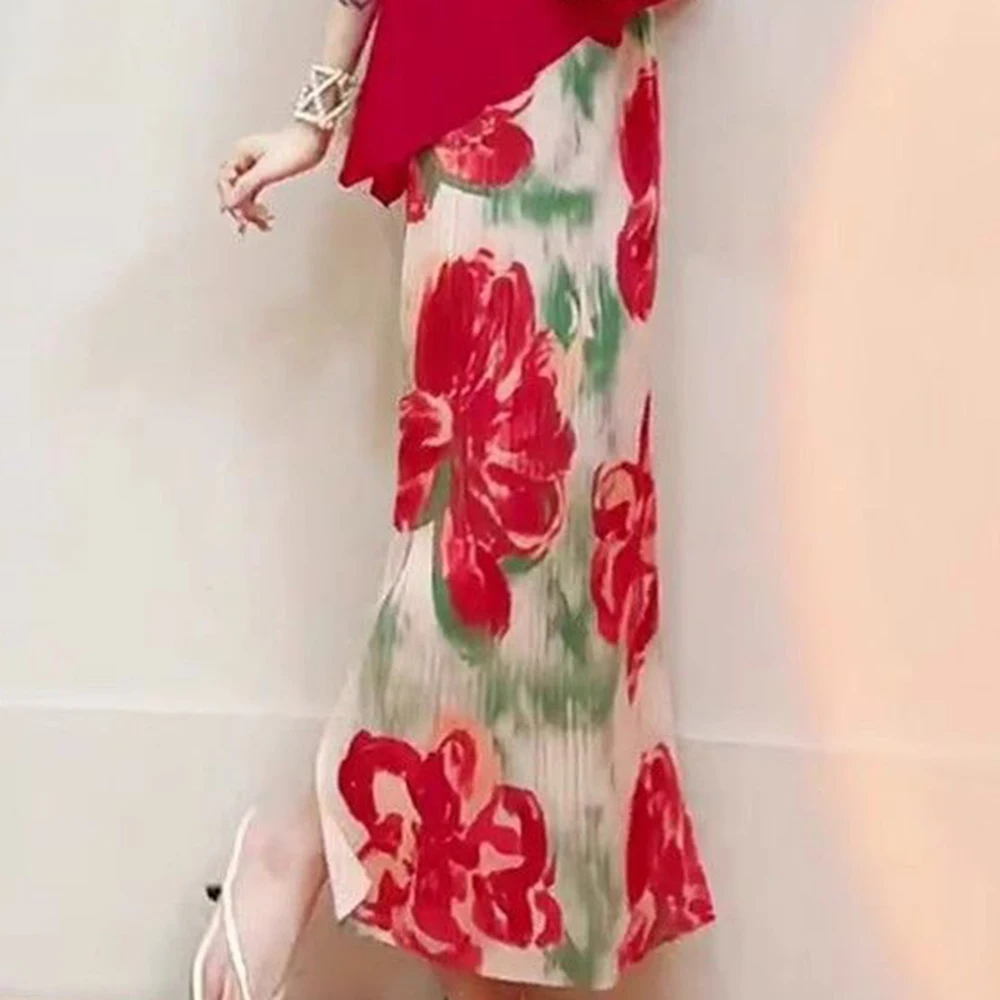 Red summer super beautiful sleeveless top big flower print skirt pleated  women clothing y2k Loose