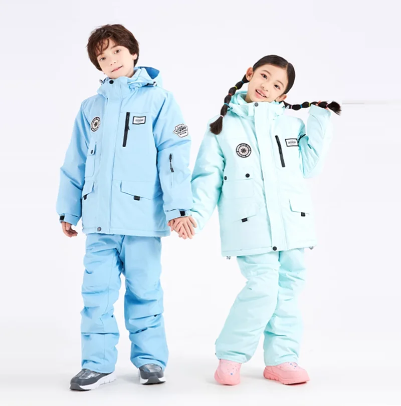 

Зимний детский лыжный костюм для мальчиков и девочек, ветрозащитное и водонепроницаемое толстое пальто для теплого и зимнего игрового оборудования