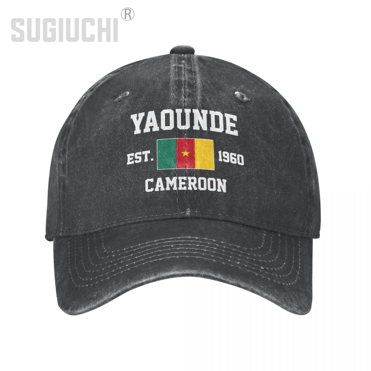 Flag of Cameroon EST.1960 Yaounde Unisex Adult Charcoal Washed Denim Baseball Cap Men Vintage Cotton Dad Patriotic Trucker Hat