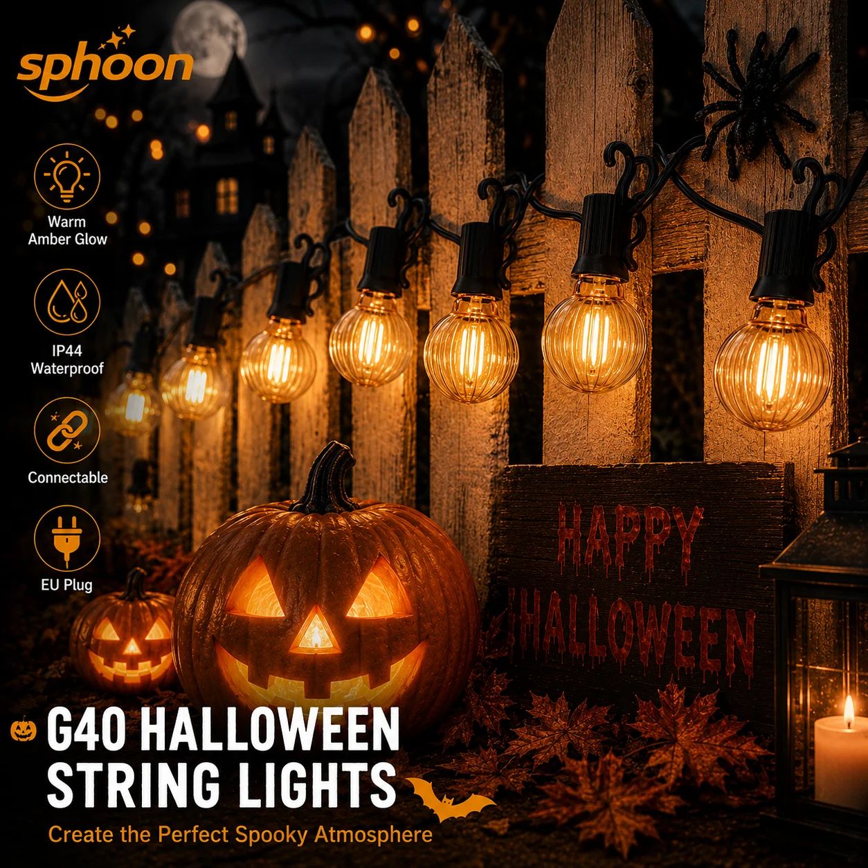 Halloween Led String Lights Orange - ハロウィン用カボチャ型ストリングライト 屋外用ガーランド 1W 220V 飛散防止 防水プラスチックLED電球