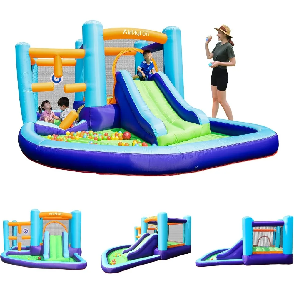 Bouncer & Slide with Air Blower,Play House with Ball Pool,Inflatable Kids Slide,Jumping Castle with Carry Bag, Blue