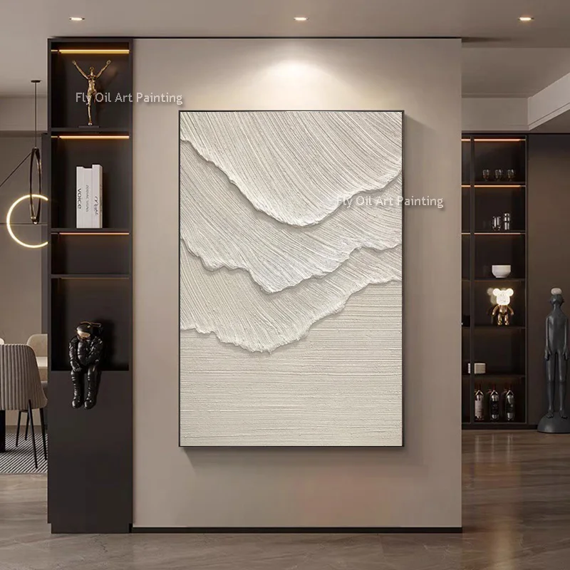 Ivory Flow Ridge Thick Canvas Artwork Handmade Beautiful White Soft Tone Abstract Oil Painting Contemporary Wall Decor
