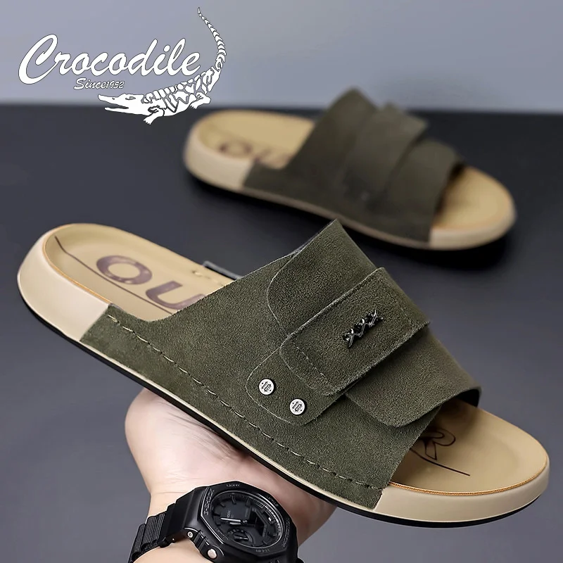 crocodile-men's-summer-2026-casual-slippers-beachwear-magic-tape-one-strap-slippers-wear-resistant-flat-heel