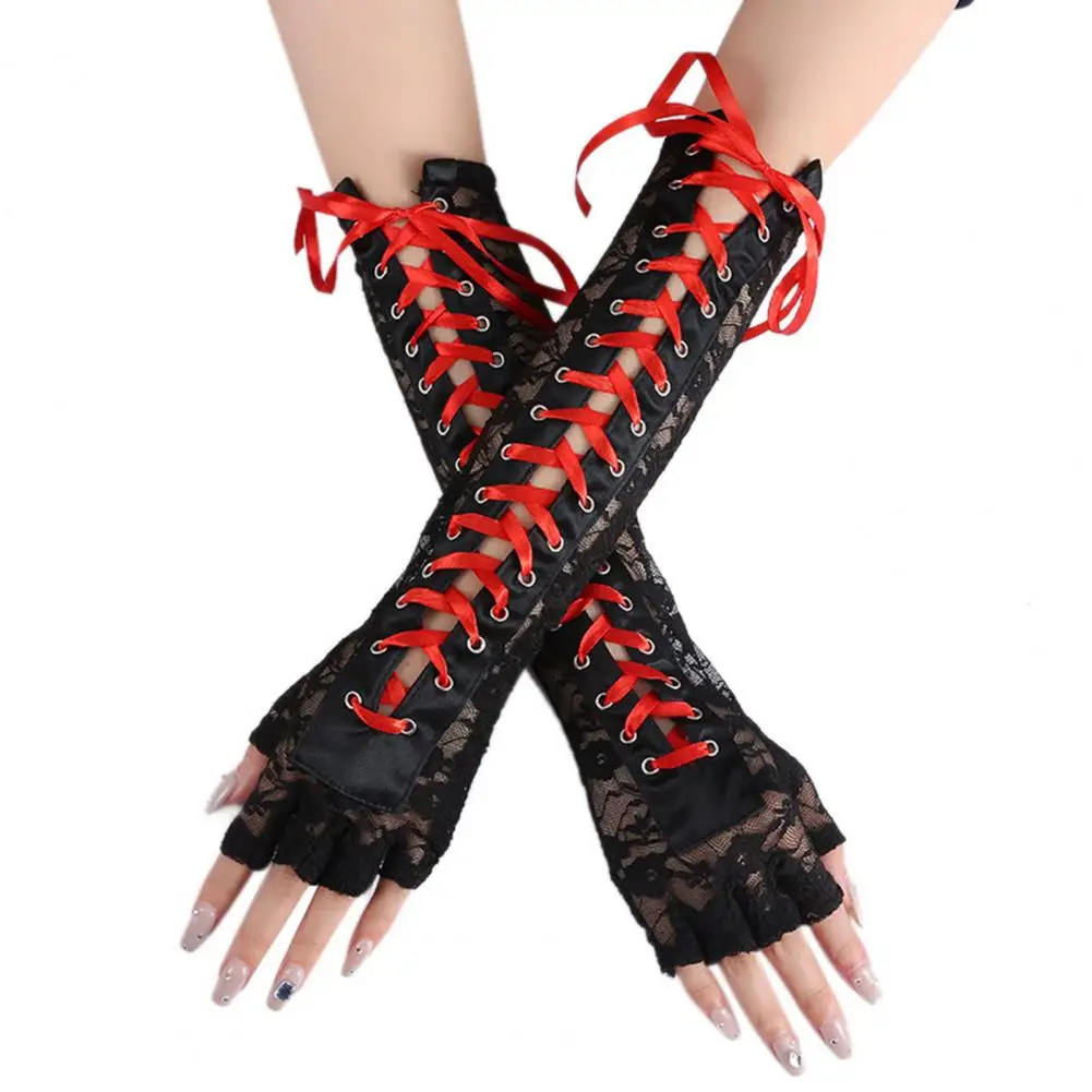 Women Sexy Floral Lace Elbow Length Half-finger Gloves black String Ribbon Ties Up Dance Party Fingerless Fishnet Mittens