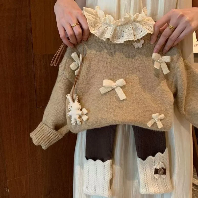 

1-6Y Girls' Sweater Spring and Autumn New Style Children's Pearl Butterfly Festival Thick Round Neck Pullover Knitted Sweater