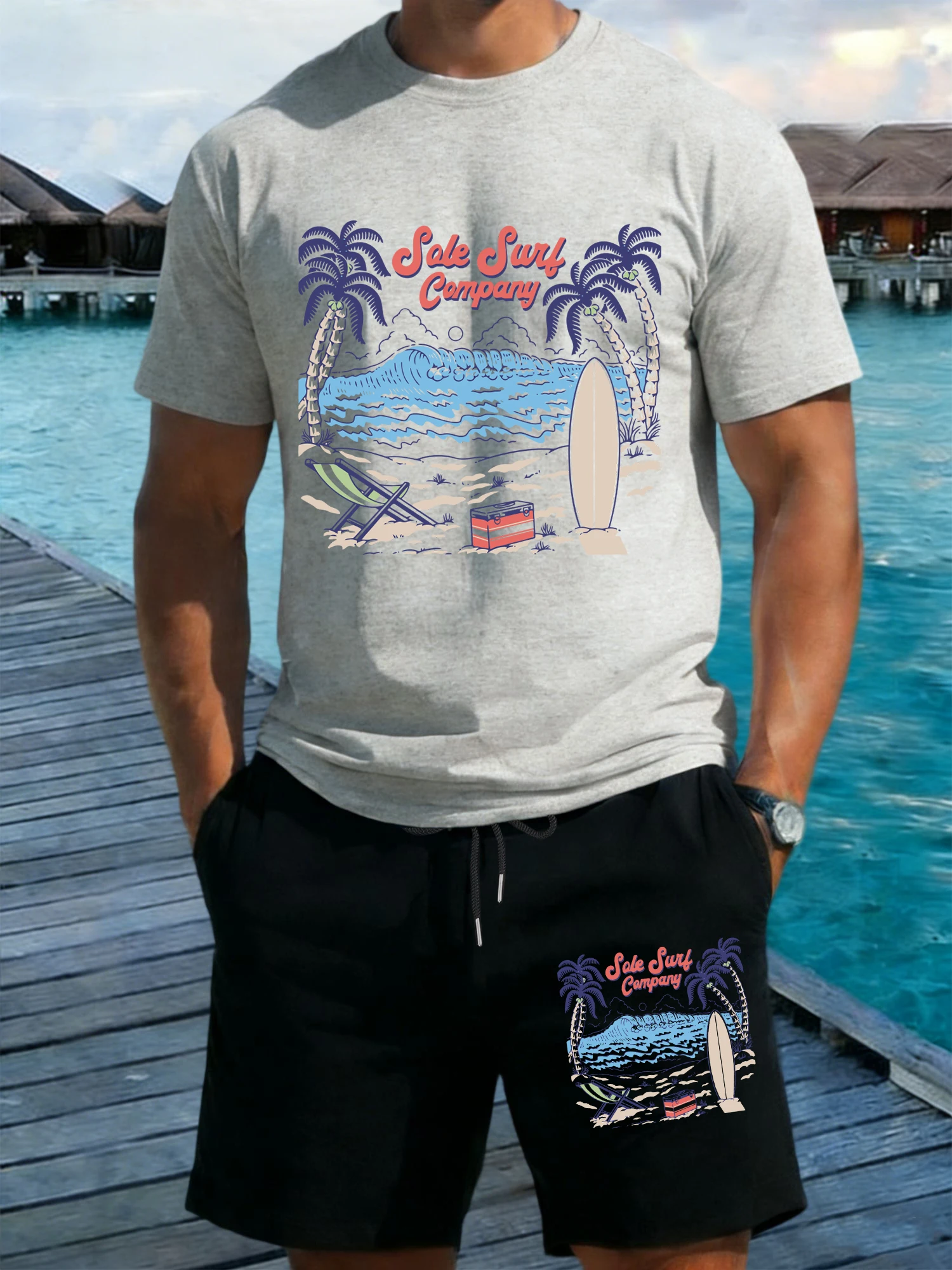 

Sale Surf Company Wave Coconut Tree Print Man T-Shirt Suits Loose Cotton T Shirt Summer Short Pants Drawstring Pocket Black Pant