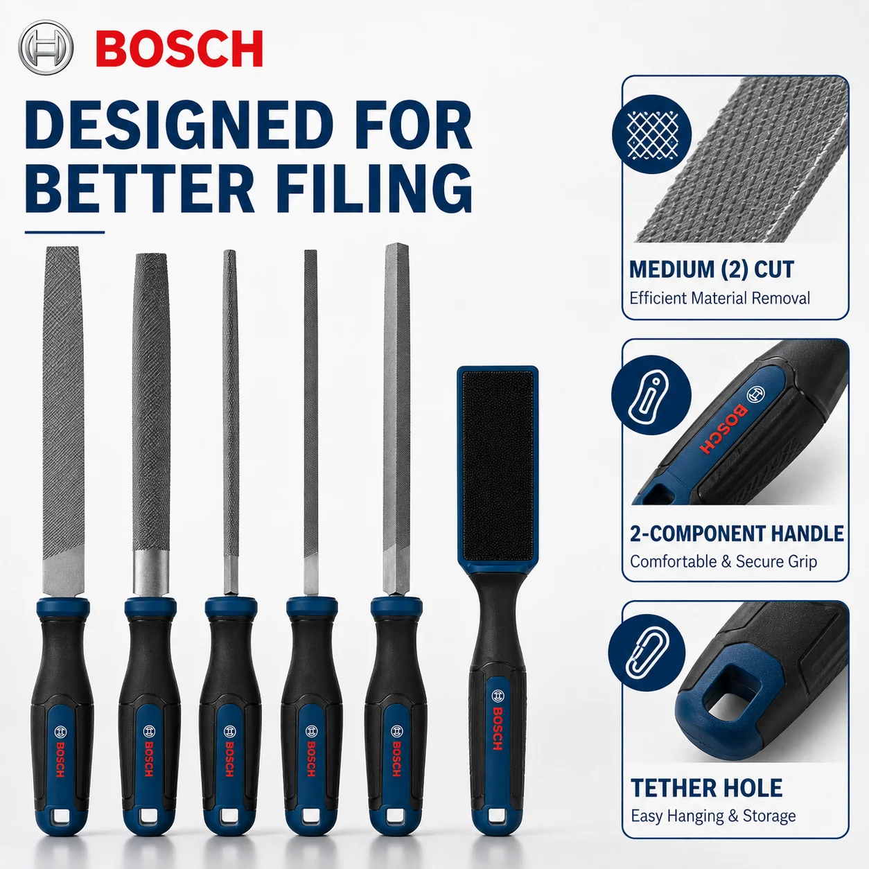 BOSCH 6Pcs Metal File Set 200mm Carbon Steel Hand Files Flat Round Half Round Square Triangle File Brush for Deburring DIY