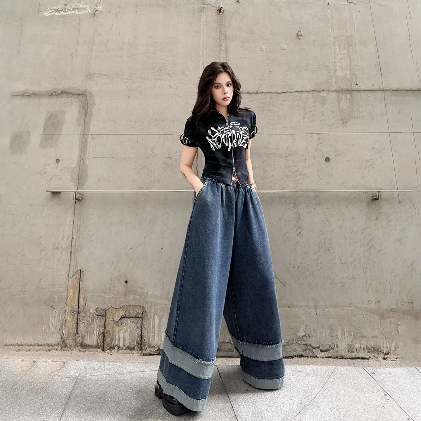 

2026 Summer Women Zipper Top + High-Waist Retro Distressed Patchwork Wide-Leg Jeans Two Piece Set Stylish Casual Suit XY144
