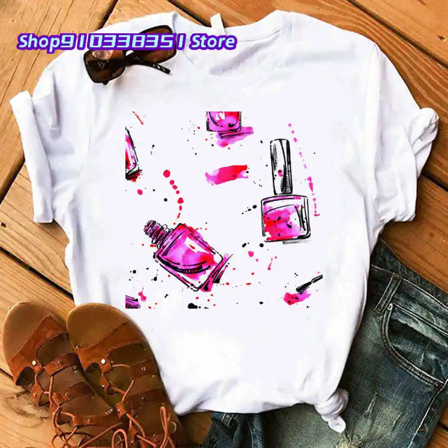 Aesthetic Harajuku Tops Creative Color Nail Polish Bottle Printed Short Sleeve White Trend Summer Simple T-shirt Basic for Women