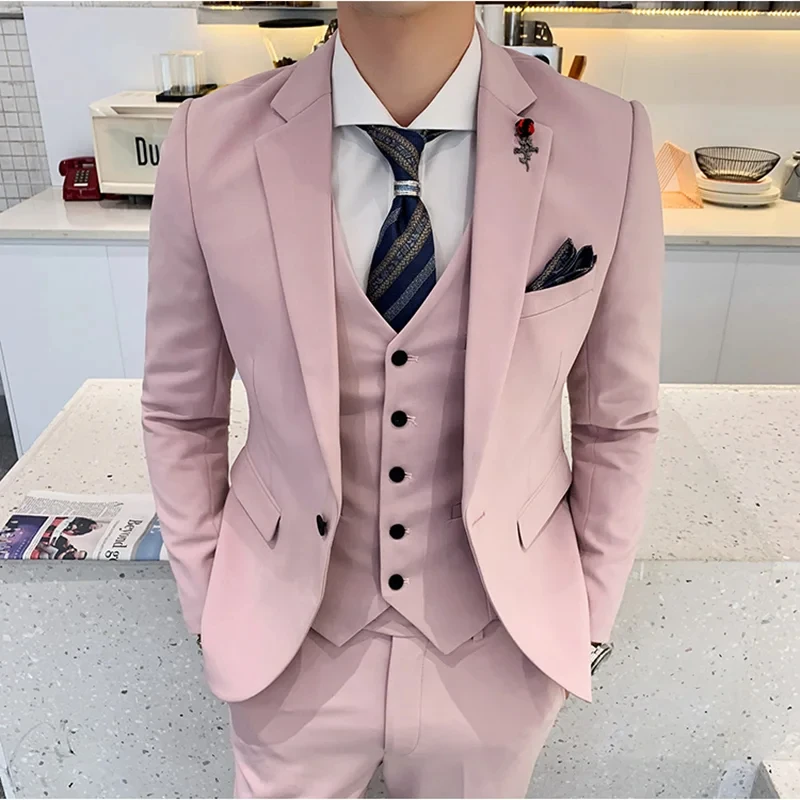 

kx91 New Men's Wedding Reception Groom Solid Color Formal Business Slim Suit 3-piece Set