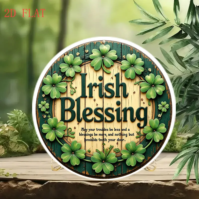 [2D Flat] 1pc Irish Blessing Good Luck Sign - Irish Clover Floral Wall Decor with Blessing Message, Green & Teal Colors - Lightw
