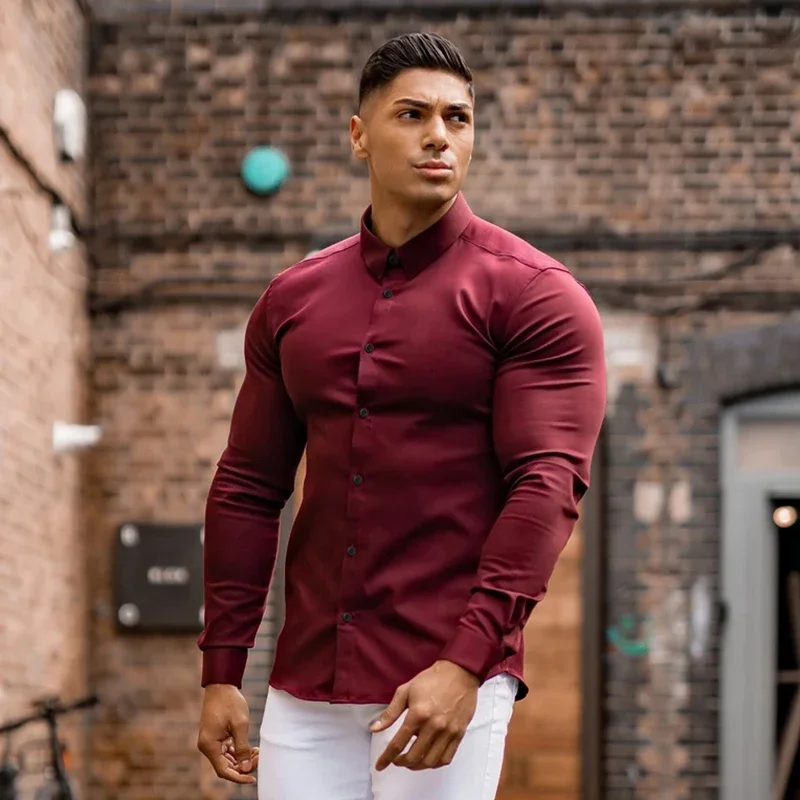 

Autumn Fashion Long Sleeve Shirt Men Solid Super Slim Fit Male Social Business Dress Shirt Brand Men Gym Fitness Sport Clothing