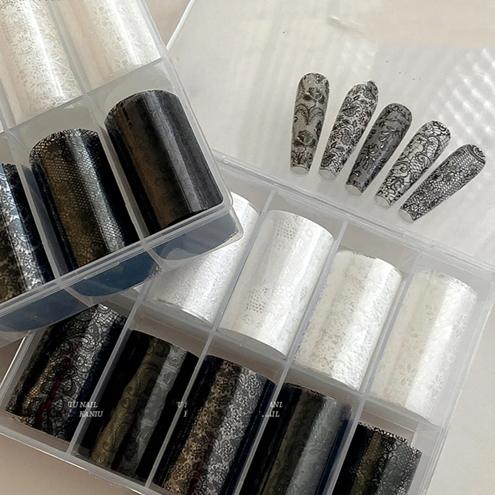 10 لفات أسود أبيض الدانتيل مسمار الفن نقل احباط ورقة Y2K زهرة الدانتيل نمط مثير نمط مانيكير الملحقات #   4*50 سم 2.5*50 سم #