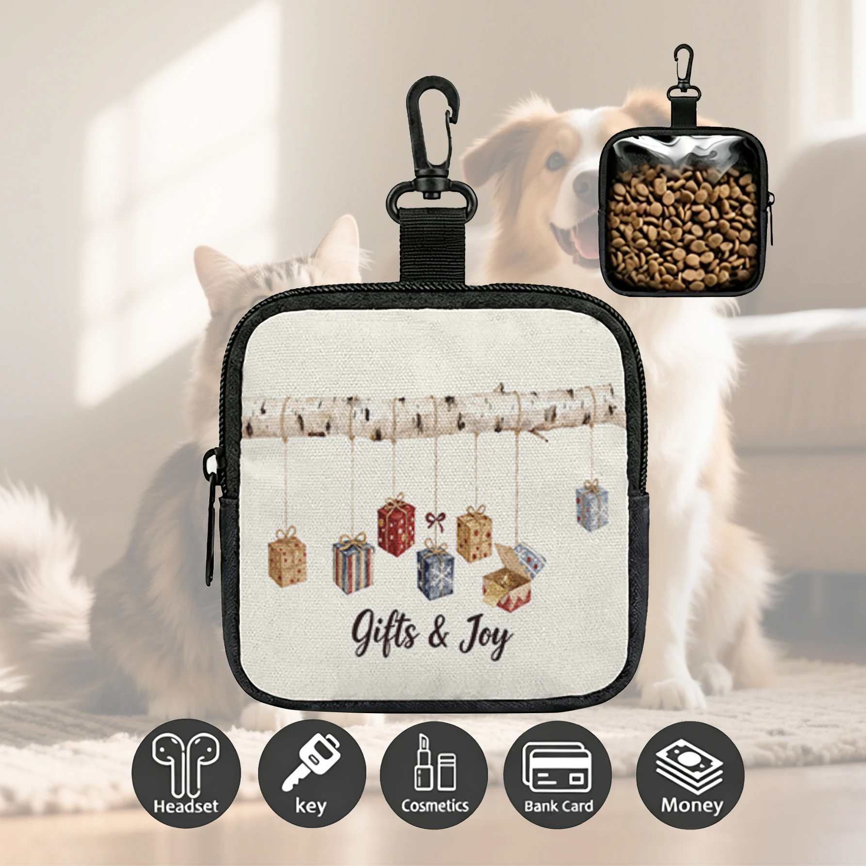 Christmas Gifts & Joy Birch Branch Print Pet Treat Bag Mini Zipper Pouch With Carabiner, Portable Dog Snack Pouch