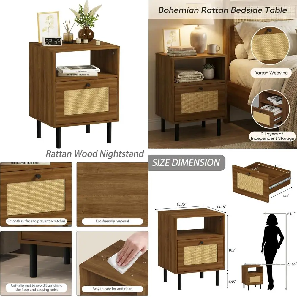 

Boho Style Rattan Nightstand with Drawers and Open Shelf for Bedroom, Dorm, Living Room - Small Side Table for Apartments, Stude