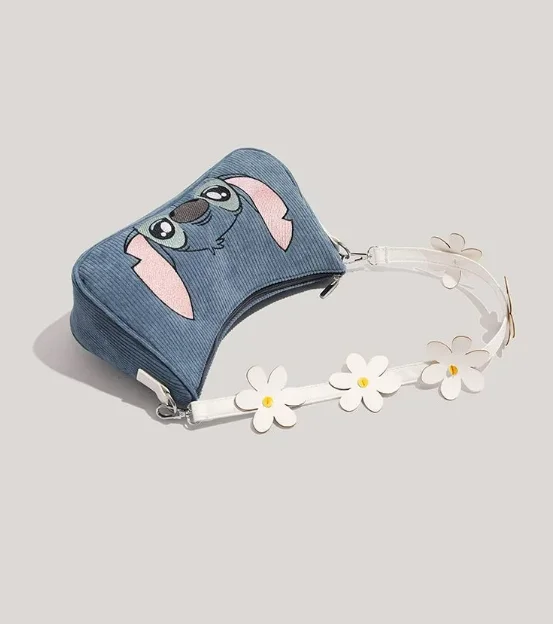 Disney-Sac à main en velours côtelé Stitch pour femme, sac à bandoulière brodé de dessin animé mignon, sac sous les bras initié unique pour filles, 2024