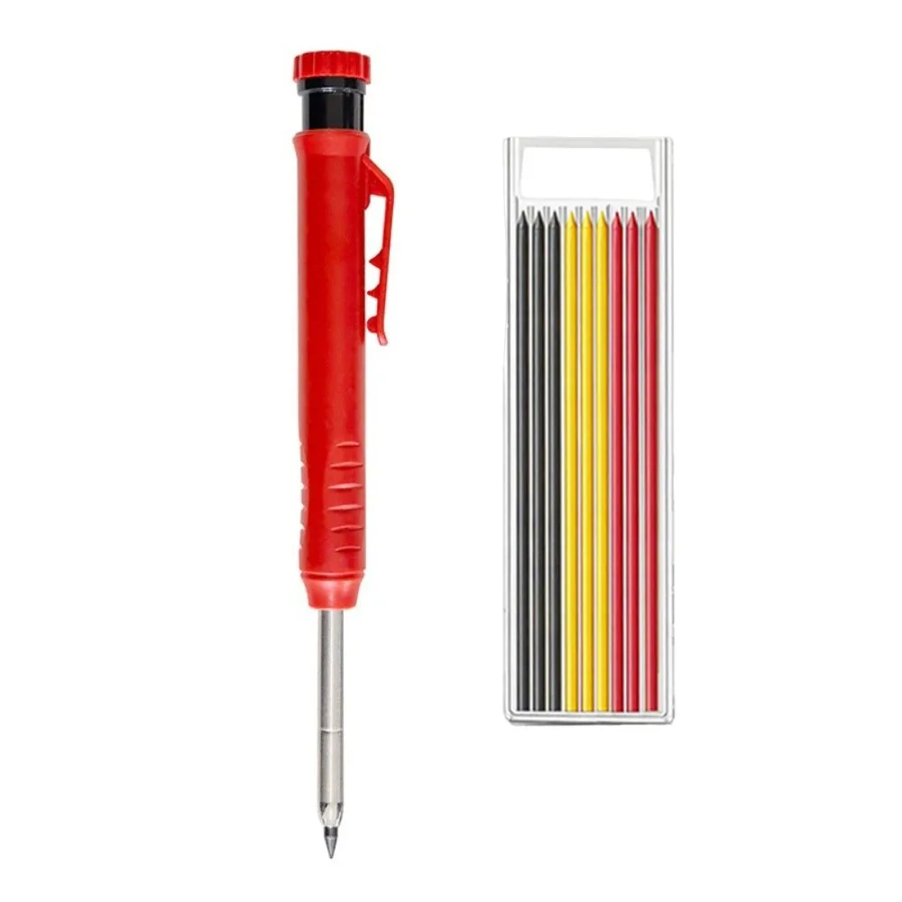 10Pcs Solid Construction Mechanical Carpenter Pencil with 9 Refills Lead core Built-in Sharpener Deep Hole Marker Metal Body