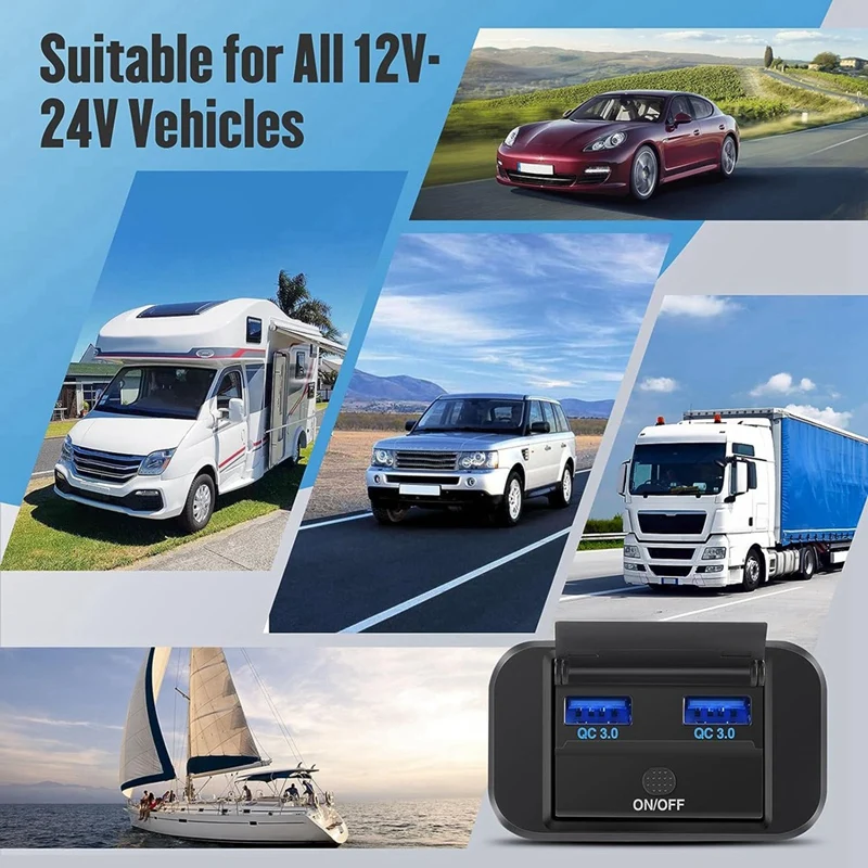A48R-4PCS USB Outlet 36W Dual QC3.0 Quick Charge Socket 12V 24V RV Schakelpaneel Autolader voor Marine Boot ATV Motorfiets