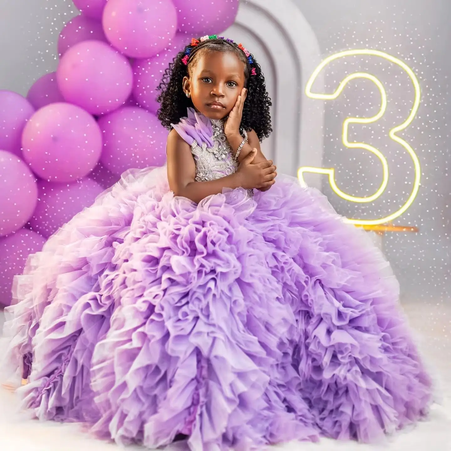 Lavender Girls Birthday Party Dresses Customized Layered Tulle Flower Girl Dresses for Wedding Kids Party Baby Queen Ball Gowns