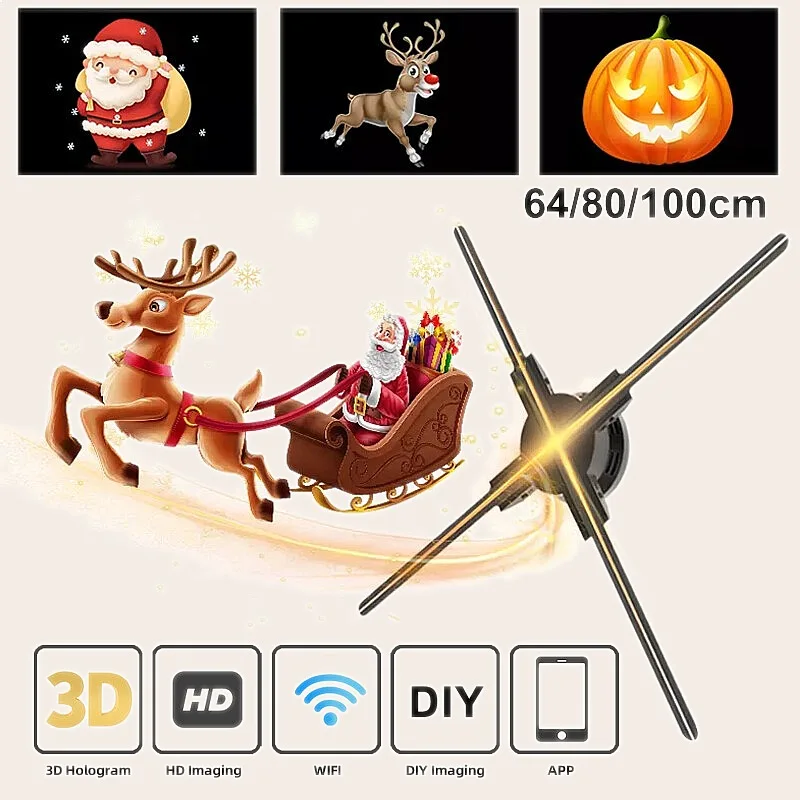 65/80/100CM 3D Holographic Fan Projector Naked Eye Advertising Light for Store Display